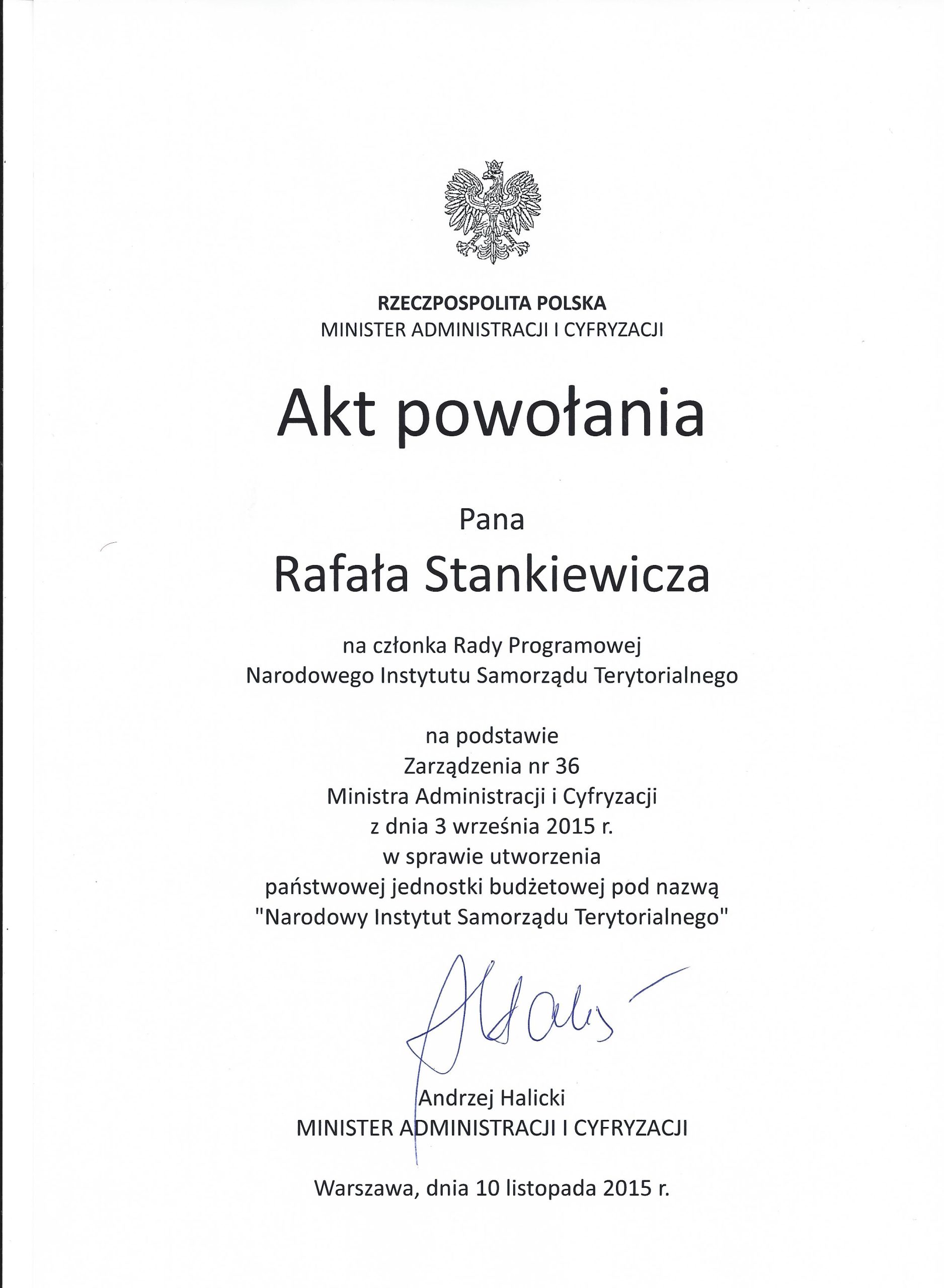Dr hab. Rafał Stankiewicz członkiem Rady Programowej Narodowego Instytutu Samorządu Terytorialnego